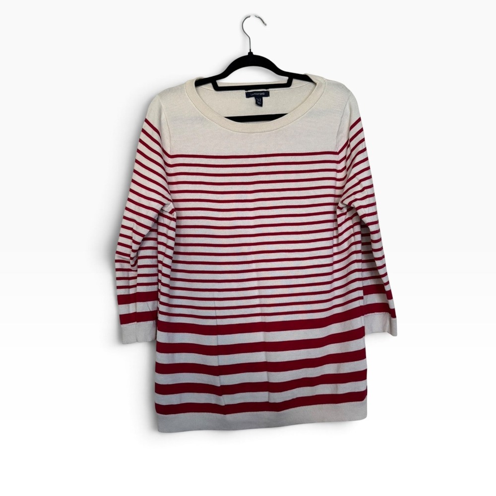 Lands End Red Cream Striped Cotton Knit Sweater Top Lg Casual Basic Long Sleeve